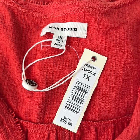 Max Studio Blouse 1X Orange Red Tank Top Crochet Flowy Pleated V Neck Sleeveless - Picture 7 of 10